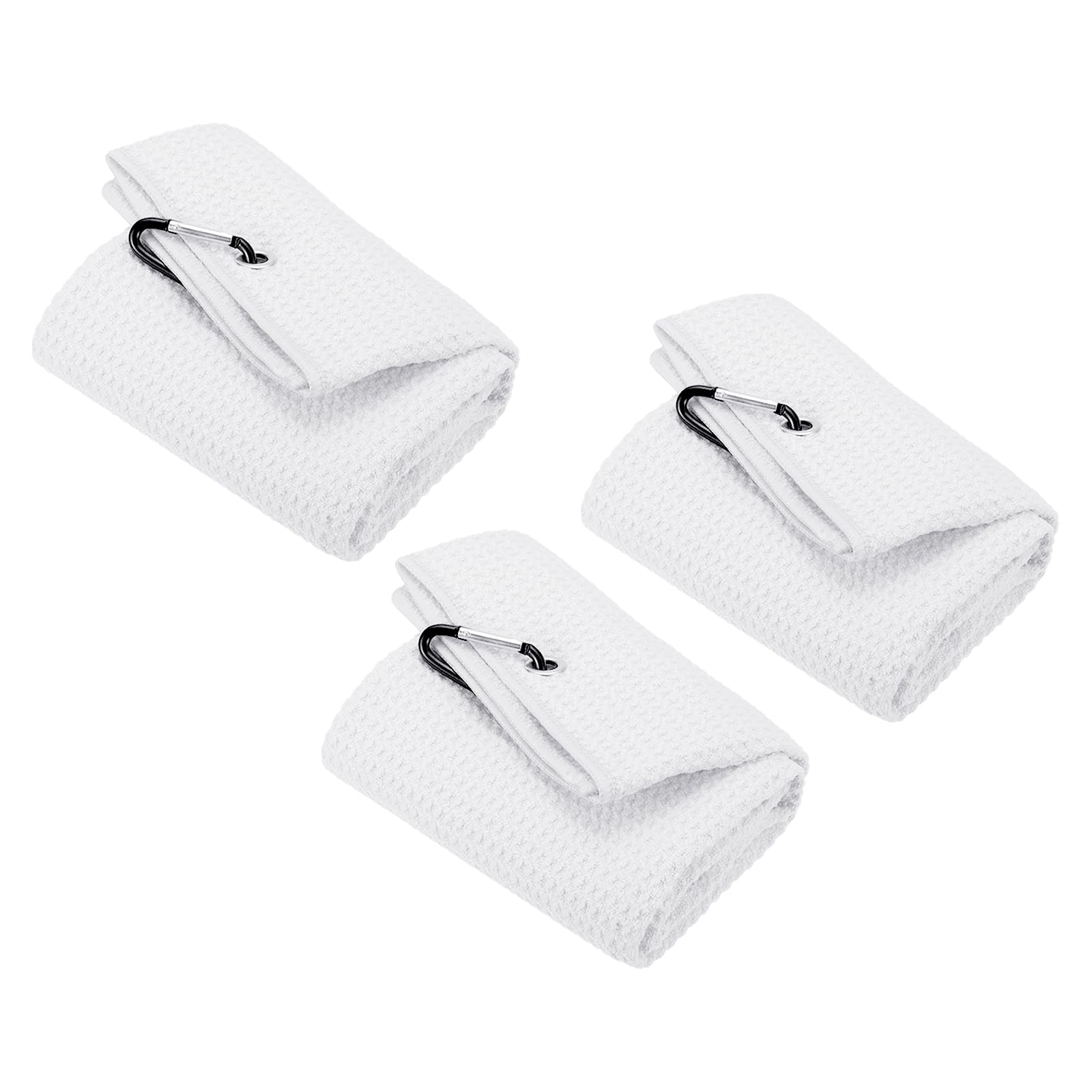 PATIKIL 12"x12" Tri-Fold Golf Towels, 3 Pack Waffle Pattern Towels Soft Fiber Strong Water Absorption with D Clip for Golf Lovers, White