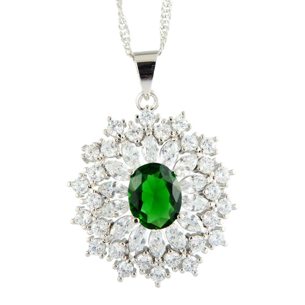 RIZILIA Blossom Pendant with 46cm(18") Chain & Oval Cut Gemstones CZ [Green Emerald] in 18K White Gold Plated, Simple Modern Elegance