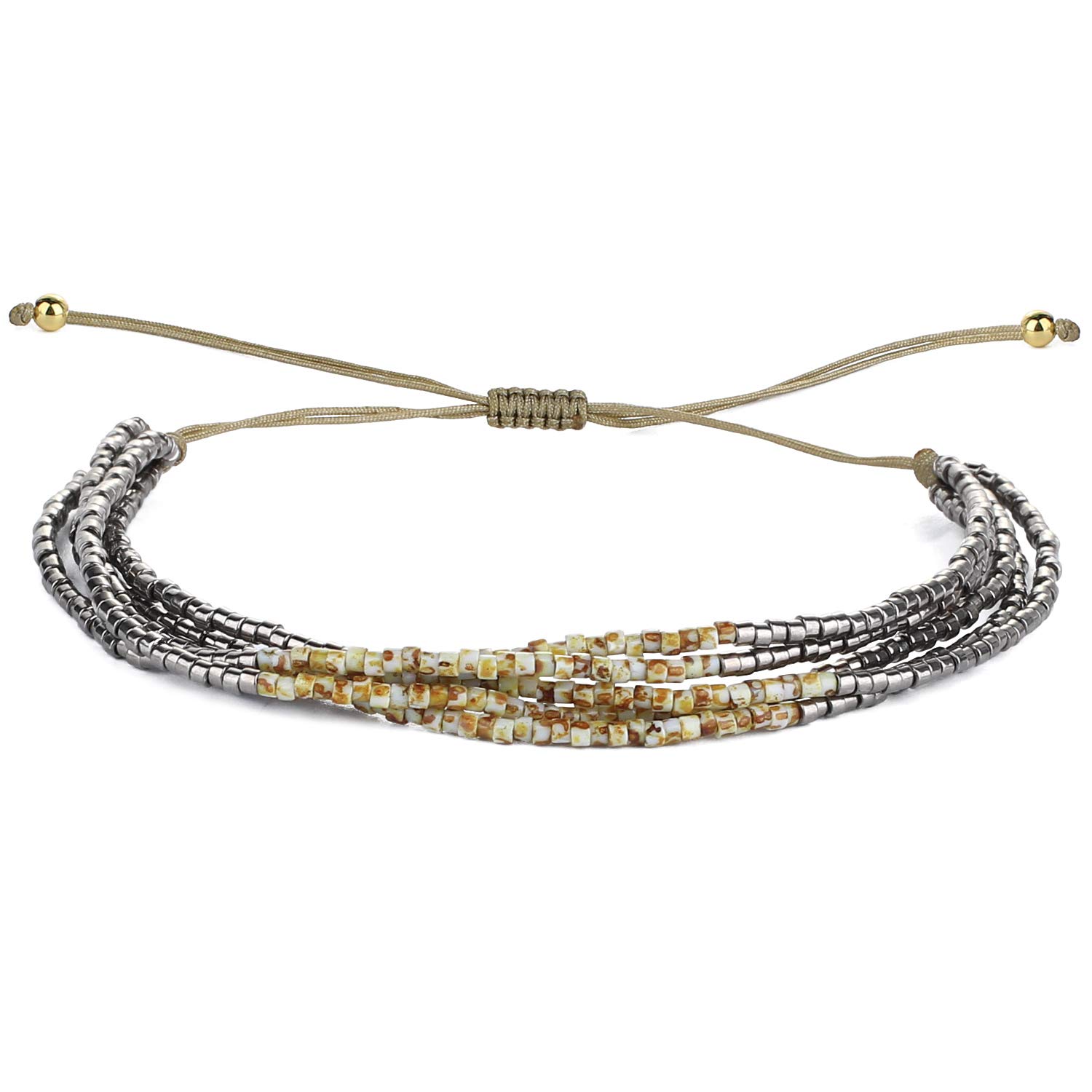 KELITCH Miyuki Beaded Bracelets Multi Strands Bracelets Adjustable Bohemian Style Charm Bangles (Silver 1H)