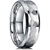 King Will Hammered 8mm Silver Tungsten Ring Hammer Multi-Faceted Men Wedding Band Polished Domed Brushed Step Edge Comfort Fit