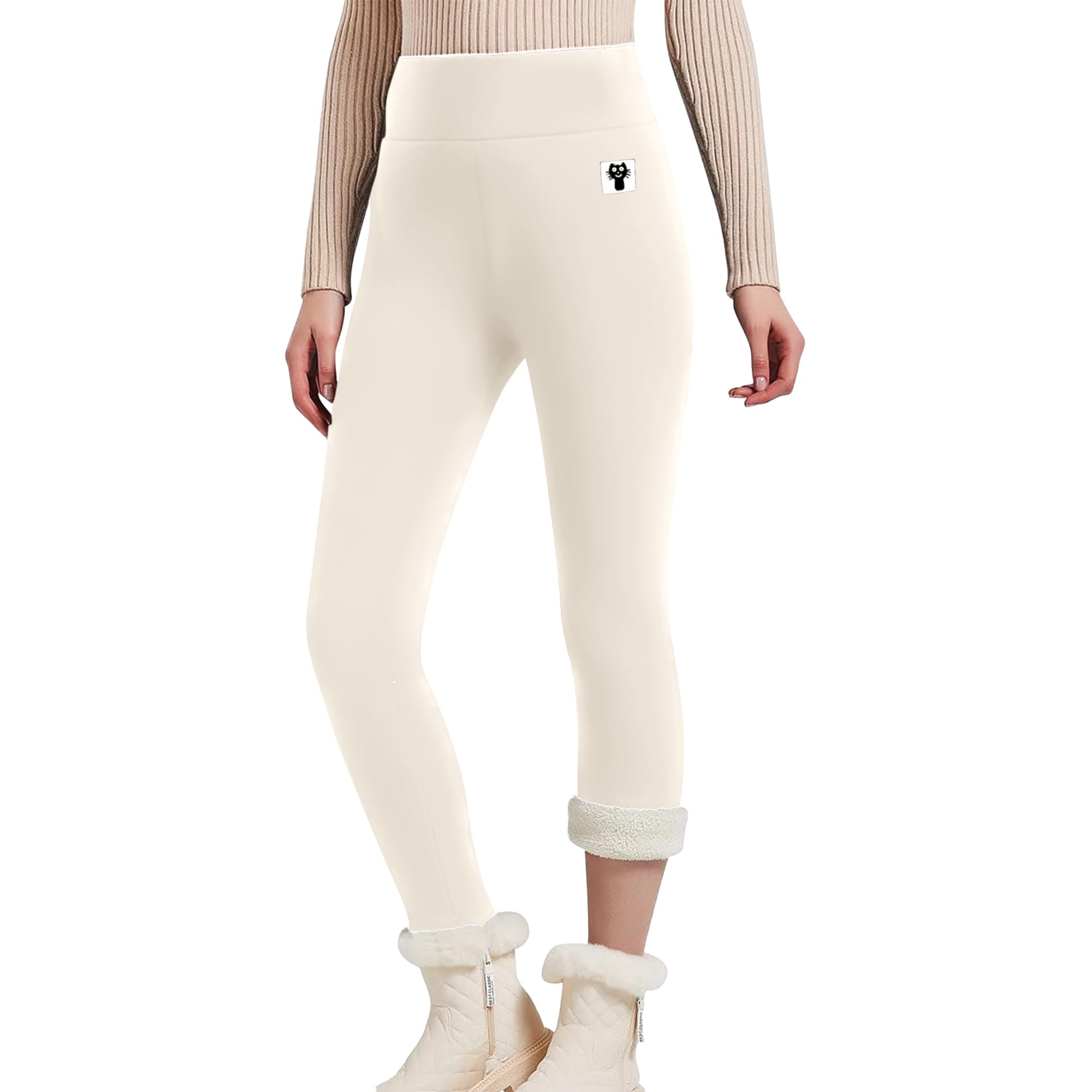 Hixiaohe Casual Sherpa Fleece Lined Leggings Women Winter Warm Pants High Waisted Stretchy Thick Thermal Tights Cold Weather Beige Image