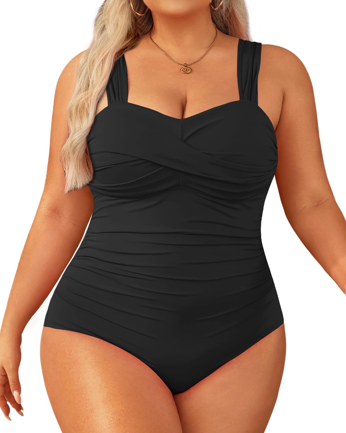 Photo 1 of Yonique Plus Size One Piece Swimsuit for Women Tummy Control Bathing Suit Ruched Swimwear Black 18W