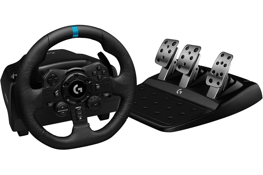 Logitech G923 Racing Wheel and Pedals, TRUEFORCE up to 1000 Hz Force Feedback, Gaming Steering Wheel PS5, PS4, PC, Mac, Genuine Leather- Black