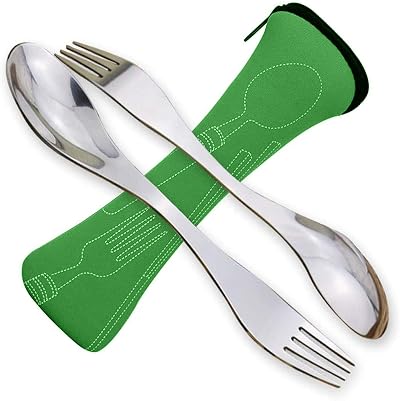SwirlColor Pack of 2 Portable Stainless Steel Sporks Camping Cutlery Green