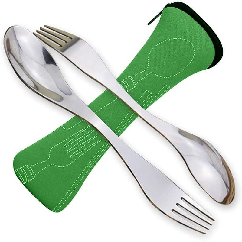 SwirlColor Pack of 2 Portable Stainless Steel Sporks Camping Cutlery Green