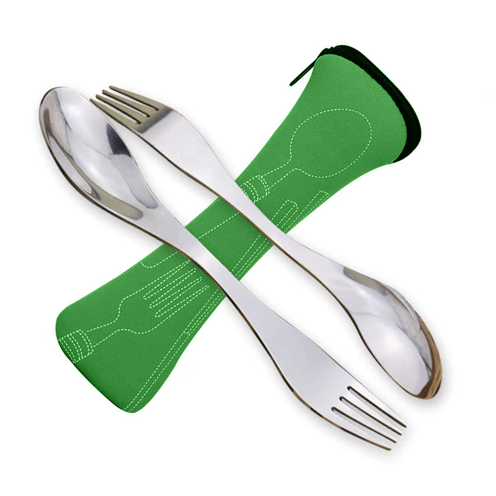 Pack of 2 Portable Stainless Steel Sporks Camping Cutlery Spoon Fork (Green)