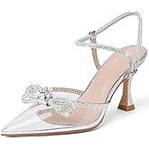 Susanny Women's Closed Toe Rhinstone Wedding Low Heel Slingback Clear Kitten Heels,Adjustable Strap Pointed Toe Bow Pumps High Heeled Prom Dress Shoes