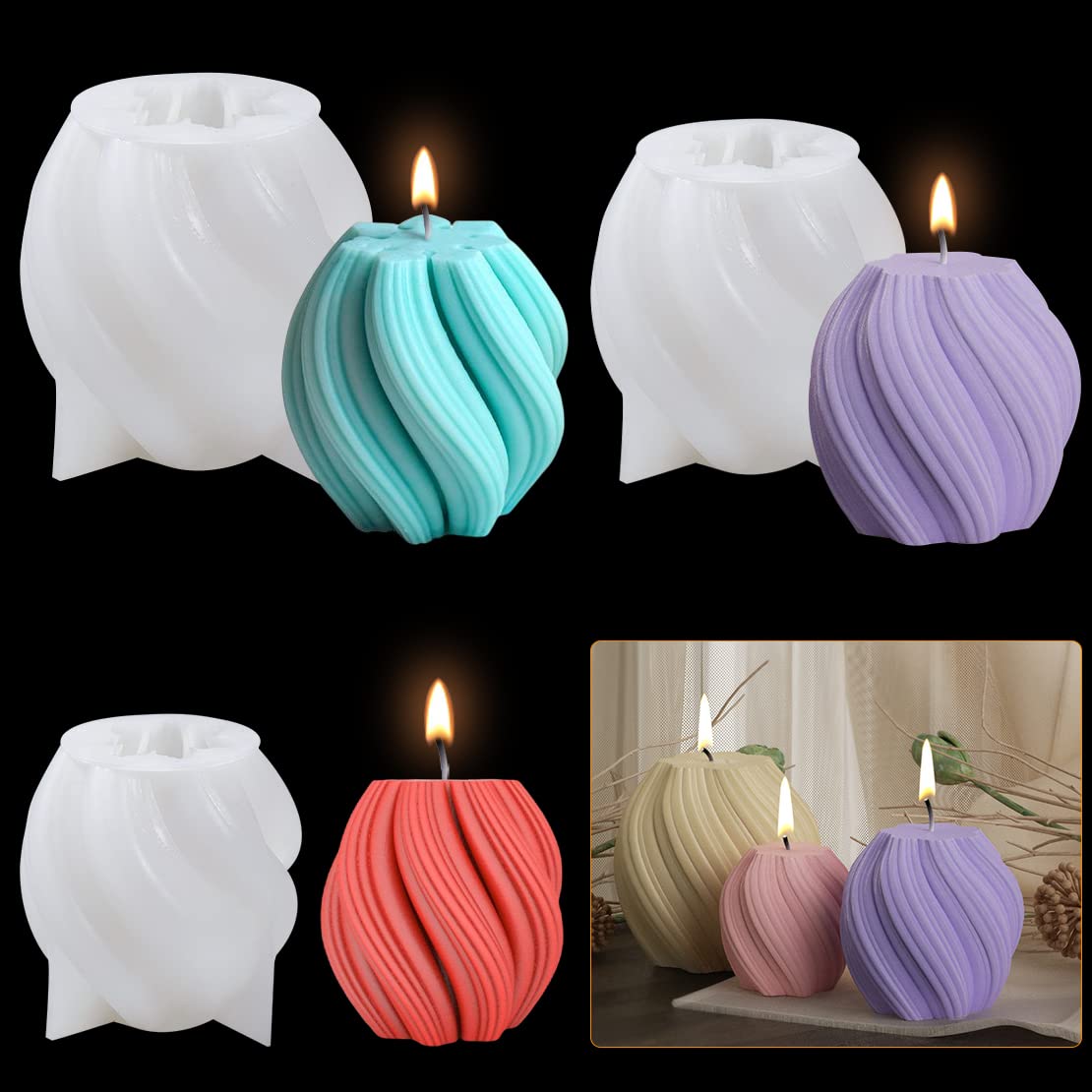DeryArcle 3pc Spiral Sphere Candle Mold, Silicone Molds for Candles, Epoxy Resin Casting Molds for DIY Soap Craft Plaster Scented Home Decoration Homemade Wax Sculpture