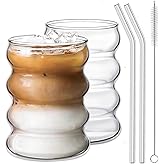 Ework4U 2 Pcs Drinking Glasses with Glass Straw 14oz Glassware Set,Cocktail Glasses,Iced Coffee Glasses,Beer Glasses,Ideal for Water,Soda,Tea,Gift - with Cleaning Brushe