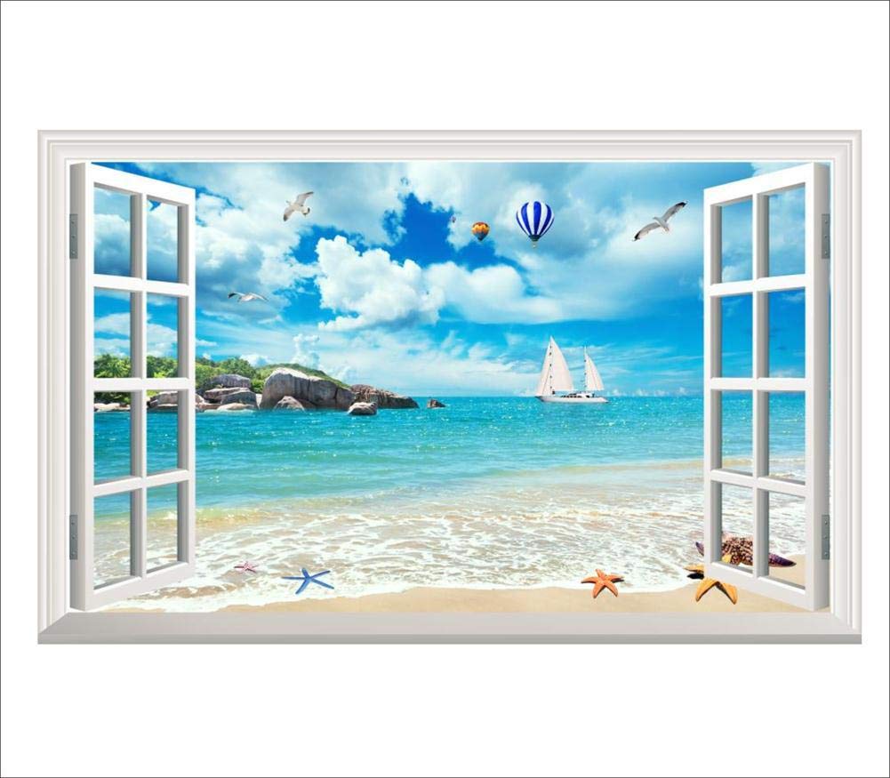 Lichi 3D Fake Window Wall Sticker of Beach Hot Air Balloon Scenery View Mural Decal for Home Decoration