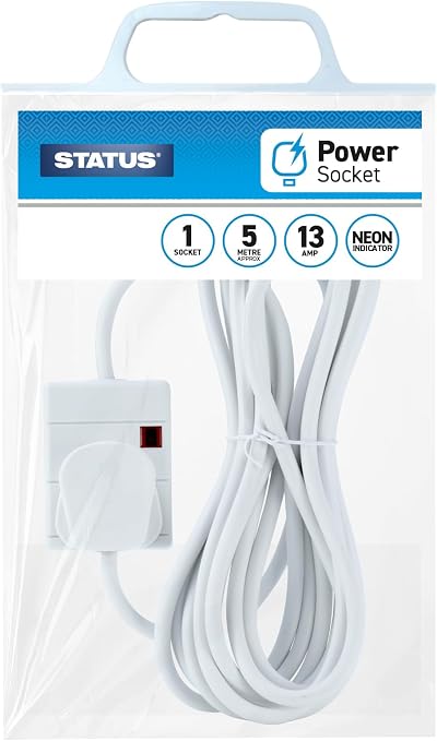 Status 1 Socket 5m Extension Lead White Power Cable with Neon Indicator 13A