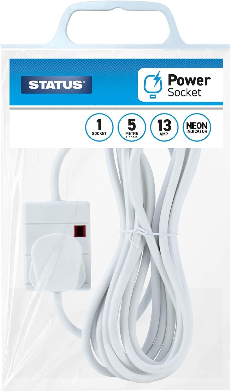 Status 1 Socket 5m Extension Lead White Power Cable with Neon Indicator 13A