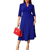 Ekaliy Women's V Neck Business Casual Shirt Dress for Women 3/4 Sleeves Pleated Midi Dresses with Belt