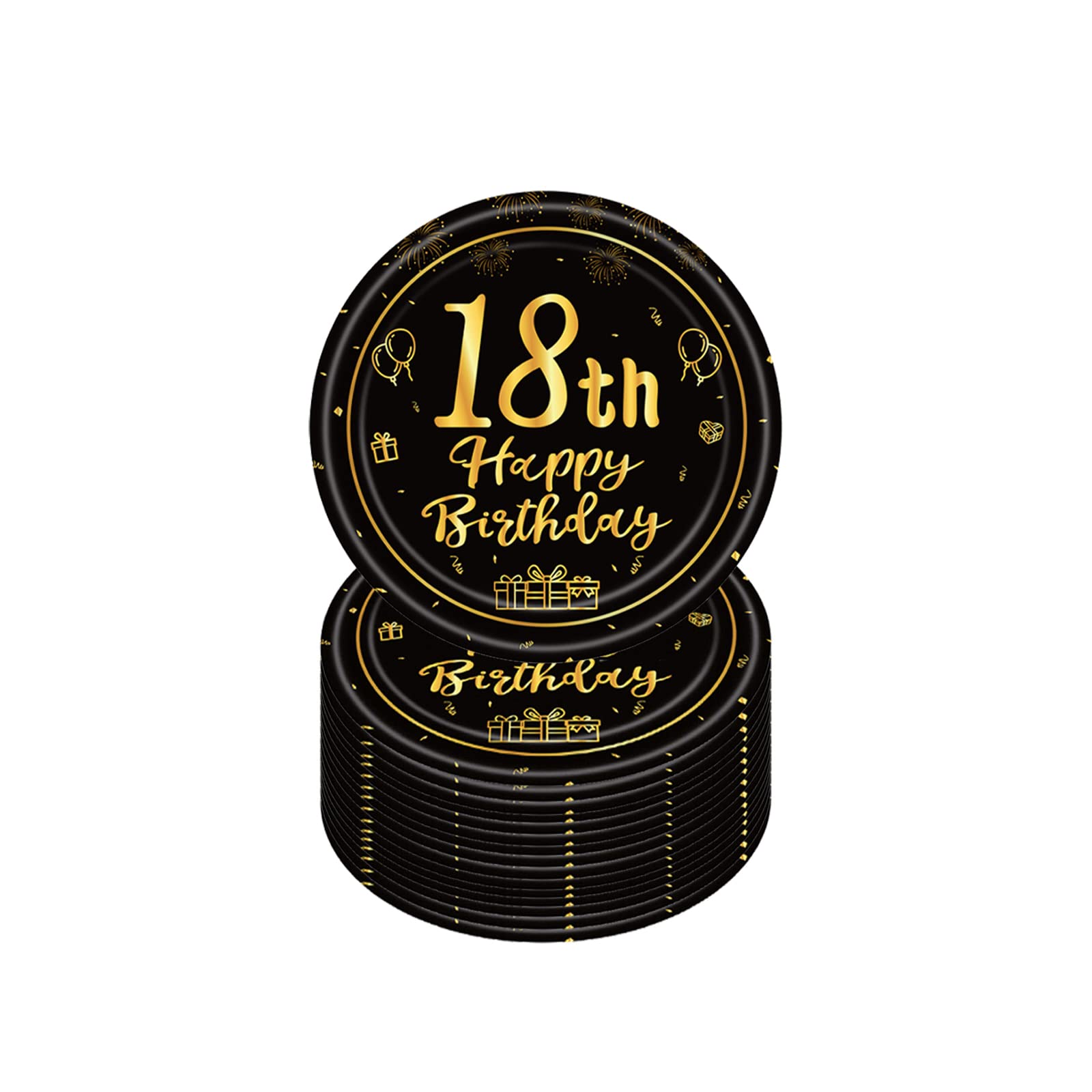 YAAVAAW Happy 18th Birthday Paper Plates 7''Black and Gold,16Pcs Disposable Tableware Party Plates,Happy 18th Birthday decor Plates for Boys,Girls,Kids,Him,Her Birthday Party Supplies Table Decor