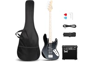 GLARRY Bass Guitar Full Size 4 String Exquisite Stylish Bass with Guitar Bag Power Line and Wrench Tool (Blue, With AMP)