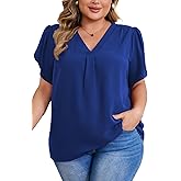 Women's Plus Size Casual Blouses Solid Business Work Tops Petal Short Sleeve V Neck Loose Fit T Shirt Summer Trendy 2026