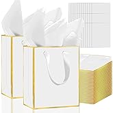 Epoesch Premium Metallic Paper Gift Bags with Handles and Tissue Paper, 8"x5"x10" Inch Dark Blue Gold Edge Welcome Gift Thank You Bags (White Gold, 1 Count (Pack of 36))