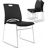 VINGLI 4 Pack Plastic Stacking Chairs, Stackable Office Chair, Black | Stackable Office Chair with Metal Sled Base, Ergonomic Plastic Seat with Handle, Multiple Use for Waiting Break Room Banquet