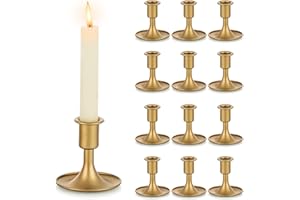 Gold Taper Candle Holder Set of 12, Hewory Short Skinny Brass Candlestick Holders, Vintage Small Low Metal Candles Sticks for Wedding Centerpieces Christmas Birthday Party Holiday Dinning Table Decor