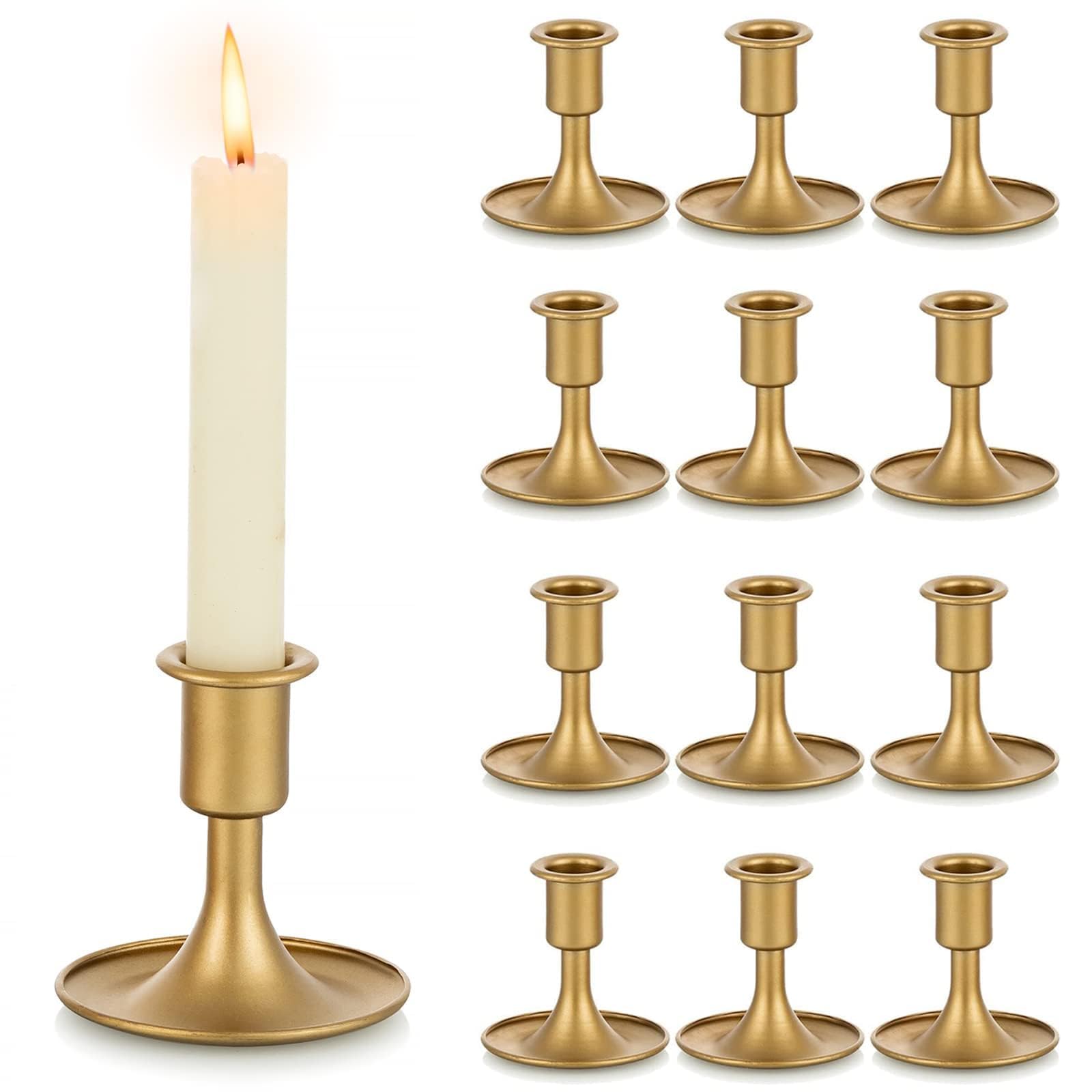 Photo 1 of Gold Taper Candle Holder Set of 12, Hewory Short Skinny Brass Candlestick Holders, Vintage Small Low Metal Candles Sticks for Wedding Centerpieces Christmas Birthday Party Holiday Dinning Table Decor