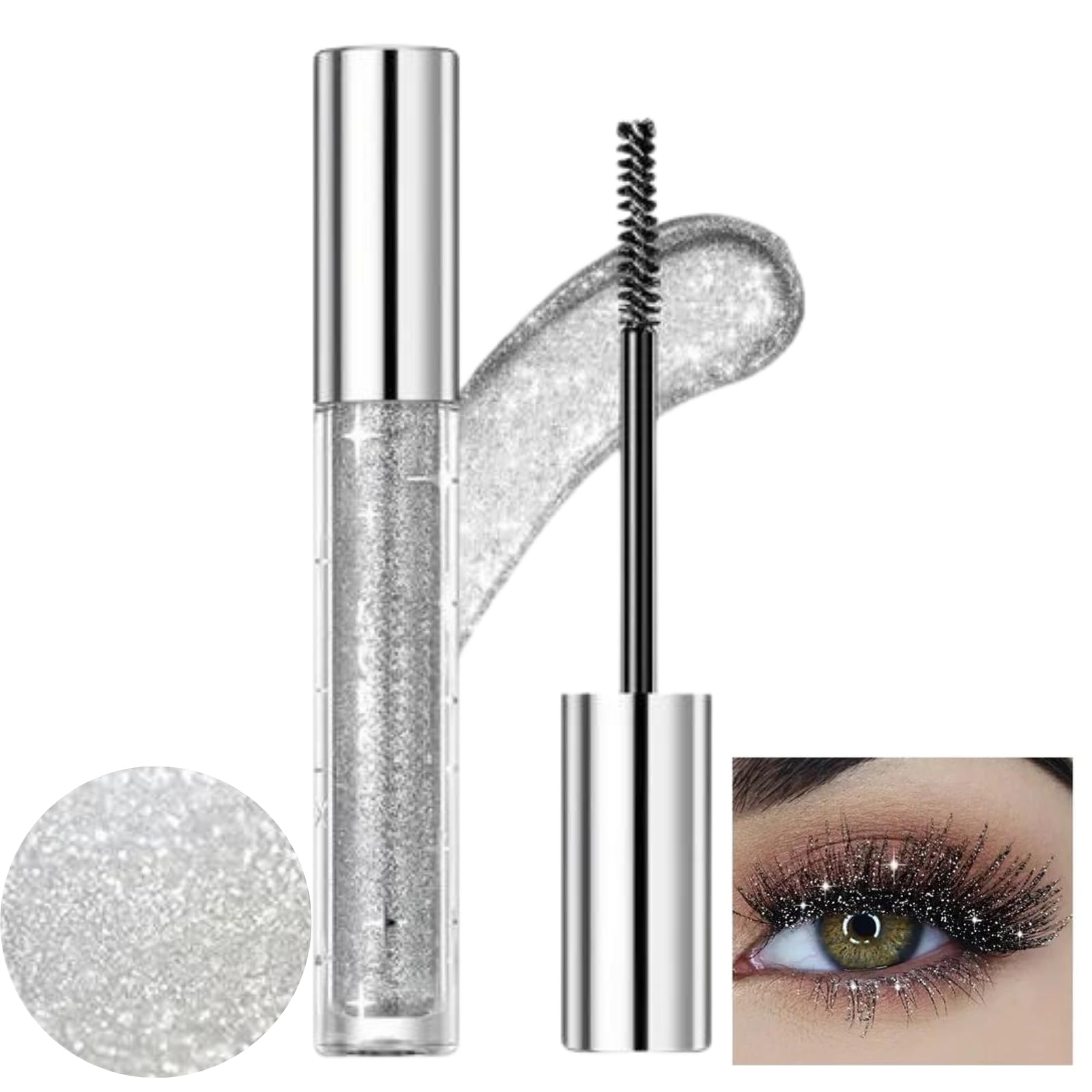 Glitter Mascara Silver Diamond Sparkle Shimmer Waterproof for Shiny Slender Curled Lashes Long-Lasting Festival Carnival Wedding Party Bling Bling