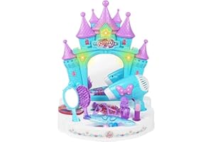 RBN Princess Dresser Vanity Beauty Set - Pretend Play Dressing Table Top Set with Makeup Mirror, Jewelry and Accessories - Music and Lights for Little Girls - Blue