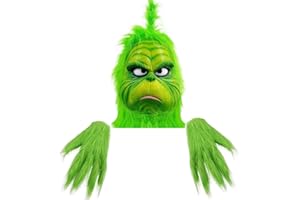 WPOZD Deluxe Green Monster Christmas Mask with Santa Hat, Adult Size, Plush Fur Holiday Costume Accessory