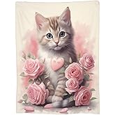 Turamurra Cute Cat Blanket Pink Rose Flowers Kitty Blankets for Mom Girls Women Cat Gifts Flannel Soft Warm Cozy Fuzzy Throw Blankets for Bed Sofa Decor Valentine Day Gifts 50"x60"