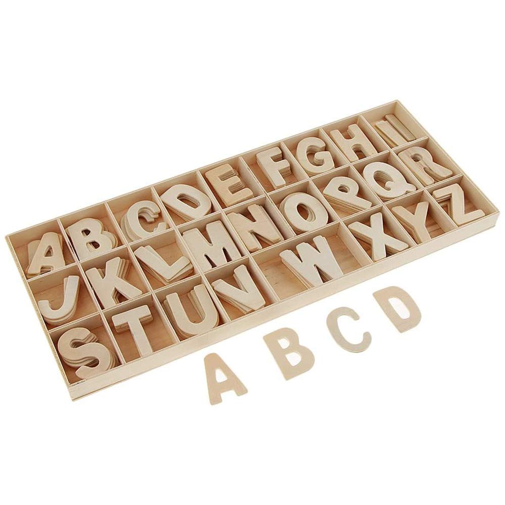 POFET 156 Pieces(6 Sets) Totally Wooden Capital Letter Wood Upper Case Letters A to Z Alphabet for Arts Crafts DIY Wedding Party Home Decoration Displays - Storage in Tray