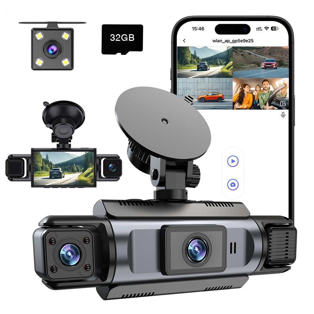 Photo 1 of 4 Channel WiFi Dash Cam with 32GB Card, 4 * 1080P Dash Camera for Cars Front and Rear Left Right,3”IPS Screen Dashcam with 360° Surveillance APP Control, 24H/7 Parking Mode,Night Vision G-Sensor