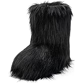 IXU Women's Faux Fur Boot Furry Fluffy Round Toe Suede Snow Winter Women Boots Comfy Plush Warm Short Outdoor Indoor Flat Shoes Mid-Calf Boots