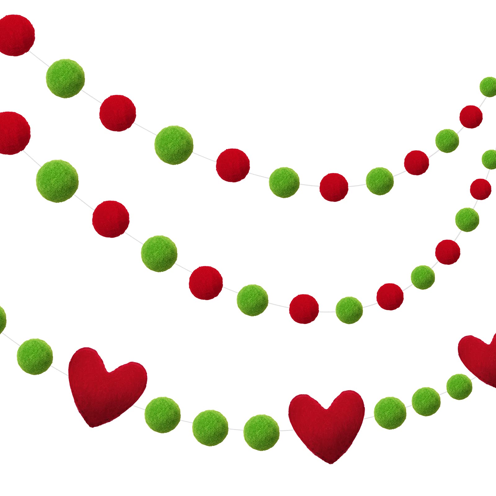Photo 1 of Tatuo 3 Pieces Wool Felt Ball Garland Colorful Pom Pom Garland 8.2 Feet Red and Green Felt Ball Heart Pompom Banner for Wall Home Office Christmas Tree Decorations