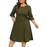 Manllenshie Women's Plus Size Dresses Casual 3/4 Ruffle Sleeve Crew Neck Twist Knot Wrap Slit Hem Dress with 1 Pocket