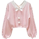 FindThy Women's Y2K Pullover Sweater Sweet Lantern Sleeve Bowtie Knit Crop Jumper Tops