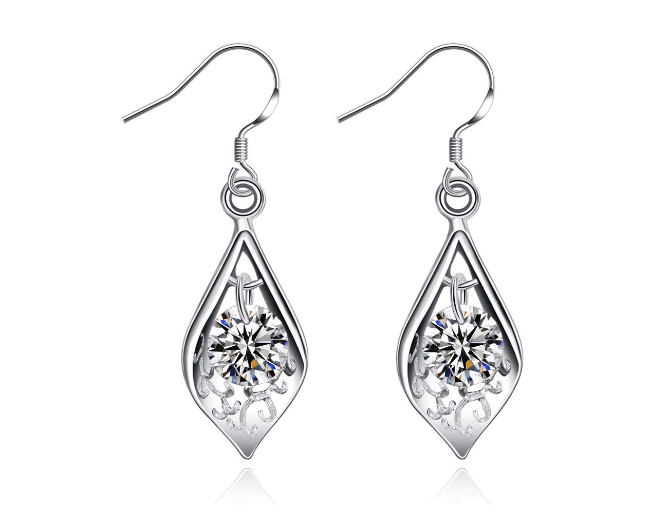 KEETEEN ”Leaf" 925 Sterling Silver Earrings Dangle TearDrop Earrings for Women(white crystal)