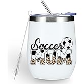 Funny Soccer Mom Essentials 12 oz Tumbler, Wine Tumbler Insulated Wine Glass with Lid, Mom Gifts Leopard Print Thank You Gifts for Women Mommy Mama Soccer Team Player Christmas Birthday Appreciation
