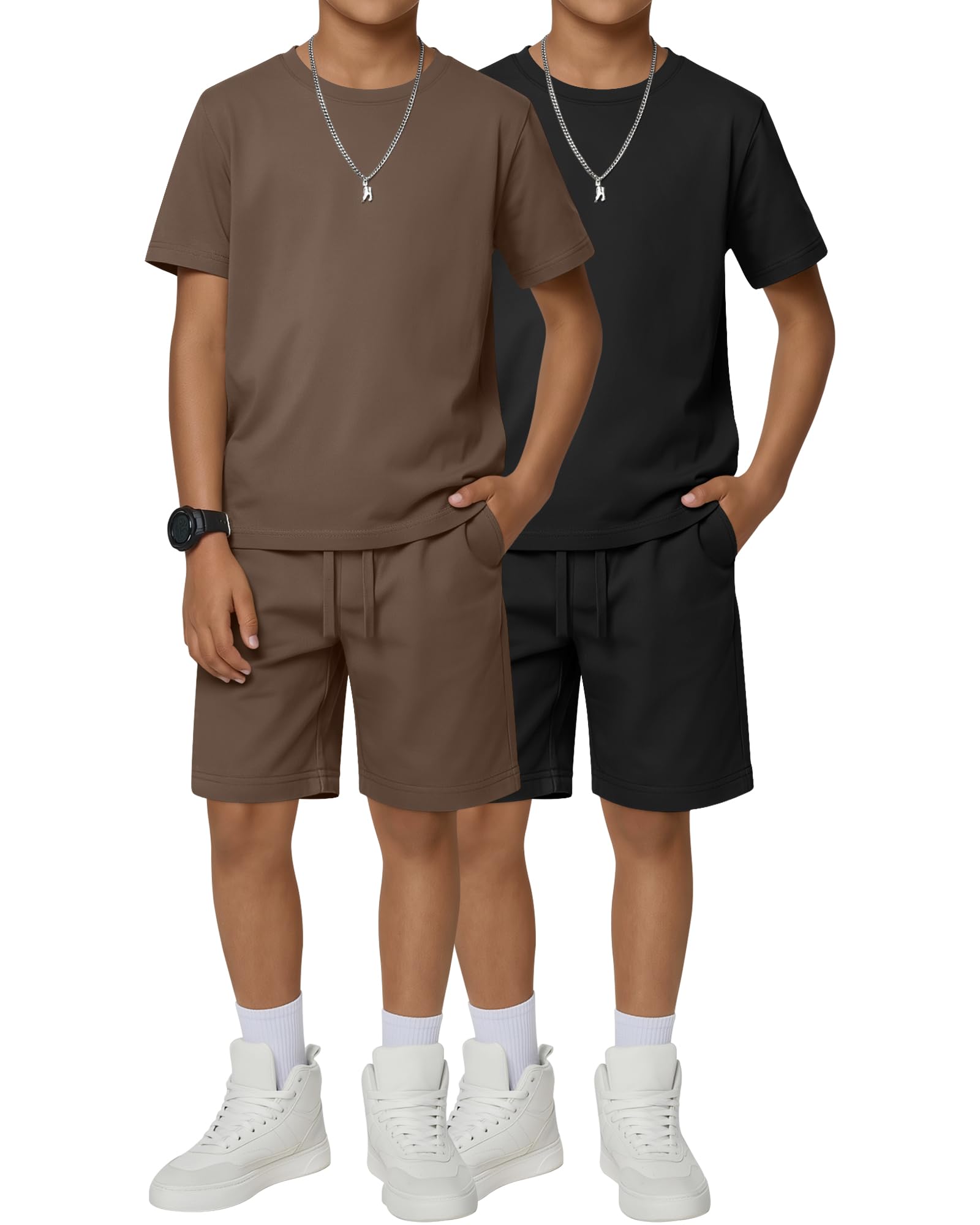 Photo 1 of JoyMotion 2 Pack Boy's 2 Piece Outfits Crew Neck Shirts and Shorts Sets Summer Casual Clothes 5-14 Years(Black, Mocha,7-8 Years)