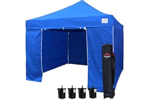 UNIQUECANOPY 10'x10' Ez Pop Up Canopy Tent Commercial Instant Shelter, with 4 Removable Zippered Side Walls and Heavy Duty Roller Bag, 4 Sand Bags Blue