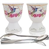 NobleEgg Egg Cups for Soft Boiled Eggs - Vintage Style Porcelain Egg Cups Holders, Authentic Egg Spoons 18/10 Stainless Steel