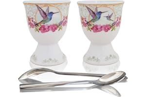 NobleEgg Egg Cups for Soft Boiled Eggs - Vintage Style Porcelain Egg Cups Holders, Authentic Egg Spoons 18/10 Stainless Steel
