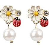 Daisy Ladybug Earrings for Woman, Stylish Pearl Dangle Earrings Ladybug Jewelry Gift for Halloween Carnival Role Play Outfit