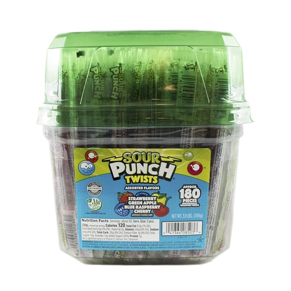 SOUR PUNCH TWISTS, 6″ INDIVIDUALLY WRAPPED SOFT & CHEWY CANDY TUB, 4 FRUIT FLAVORS, 62.4 OZ