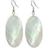 Natural White Sea Shell Earrings, Mother of Pearl Oval Earrings, Beach Jewelry, Silver Drop Dangle Earrings Women Girl Gift (White)