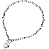 Stainless Steel Puffy Heart Pendant Thick Chain Statement Choker Collar Chunky Necklace for Women Toggle Clasp Birthday Gifts for Lover