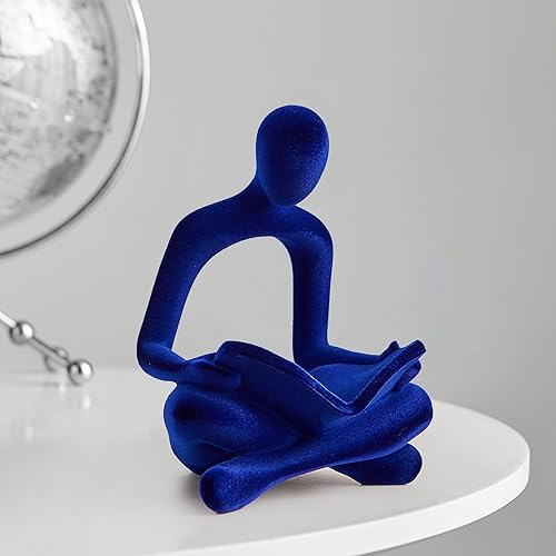 FJSPERM Navy Blue Reading Statue Decor, Modern Abstract Thinker Sculptures Decorations for Living Room, Flocked Figurine for Dining Room Office TV Stand Shelf Coffee Table Decoration, Gifts for Women