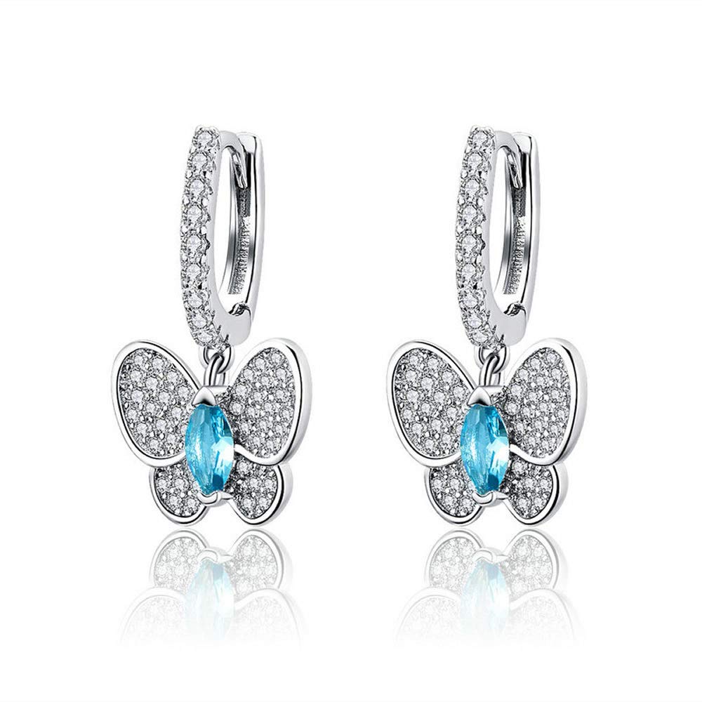 Blue Butterfly Genuine 925 Sterling Silver Luminous Clear CZ Butterfly Crystal Drop Earrings for Women Wedding Engagement jewellery