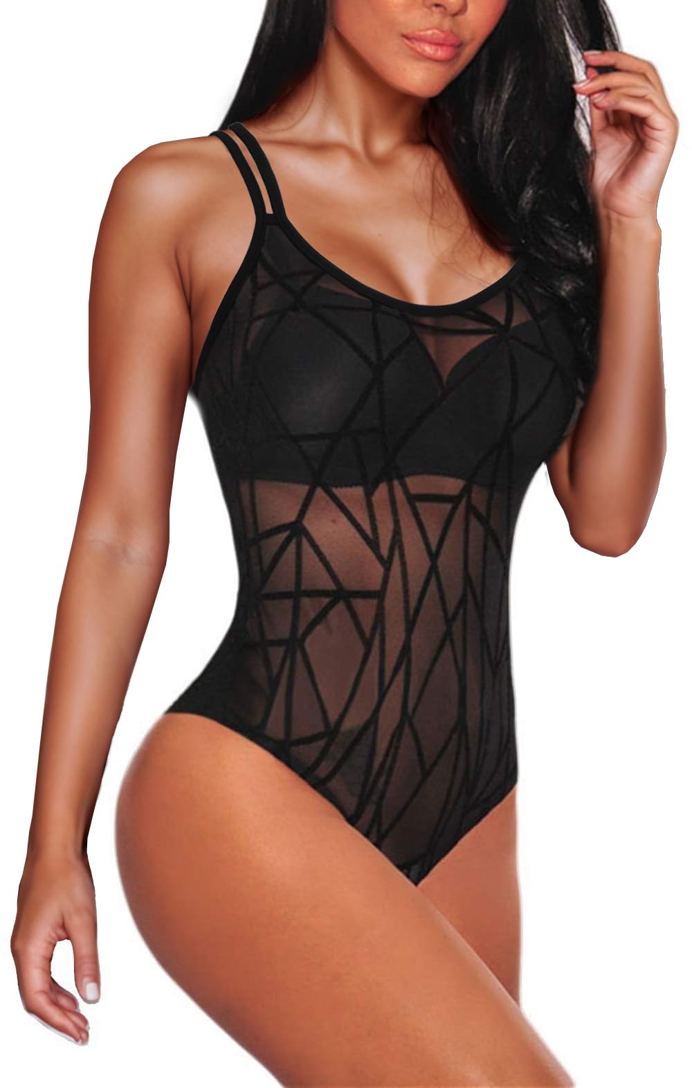 Photo 1 of JomeDesign Womens Tank Tops Sheer Mesh Black Bodysuit Tops Clubwear Cami