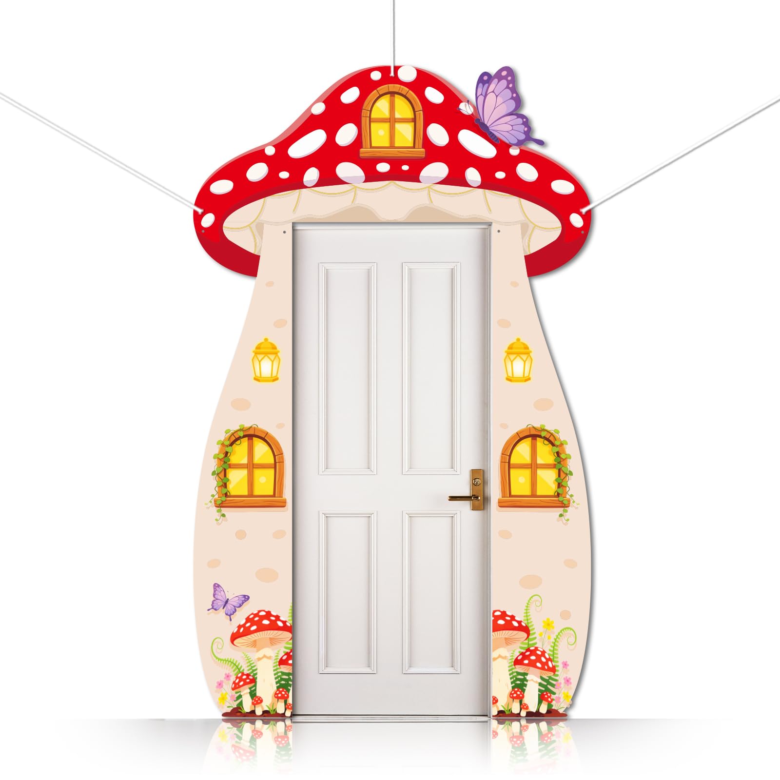 CUTHOLLOW 3PCS Mushroom House Porch Sign Banner, Butterflies Ferns Pattern Party Decorations Hanging Welcome Door Banner for Photo Backdrop Birthday Party Supplies — image 1