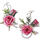 Campsis Corsage Boutonniere Set, Groomsmen Buttonholes, Pink Wrist Corsage for Women