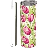 amepay Tulip Floral Stainless Steel Insulated Tumbler with Lid - 20oz Pink Flower Travel Mug, Reusable Metal Straw & Brush, Double-Wall Vacuum Bottle Cup for Hot and Cold Drinks, Gifts Women
